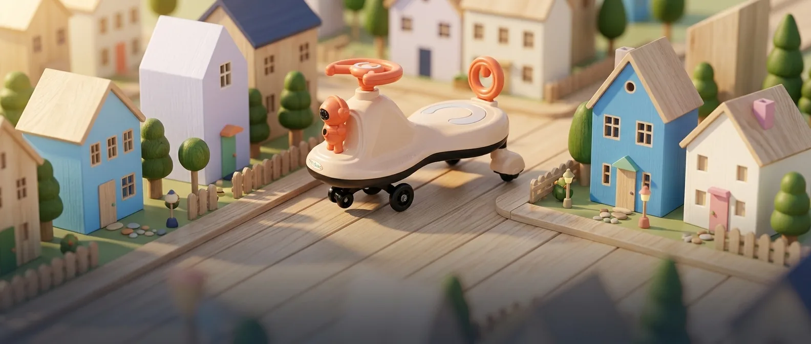 Child riding a Funfizz swing car along a wooden toy-town street