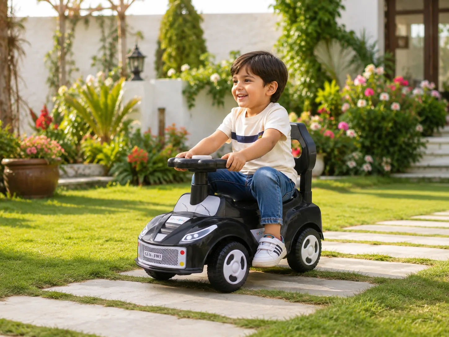 Child playing on a Funfizz ride-on toy in a garden