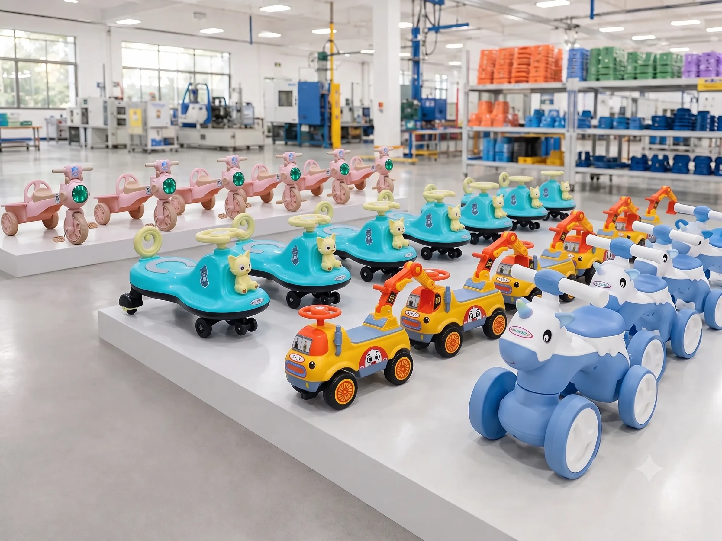 Funfizz ride-on toys on the showroom floor of an Indian manufacturing facility