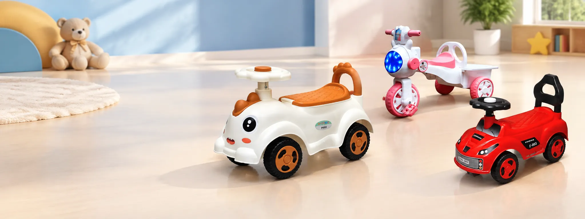 Funfizz ride-on truck, kids chair and LED swing car together on a pastel background