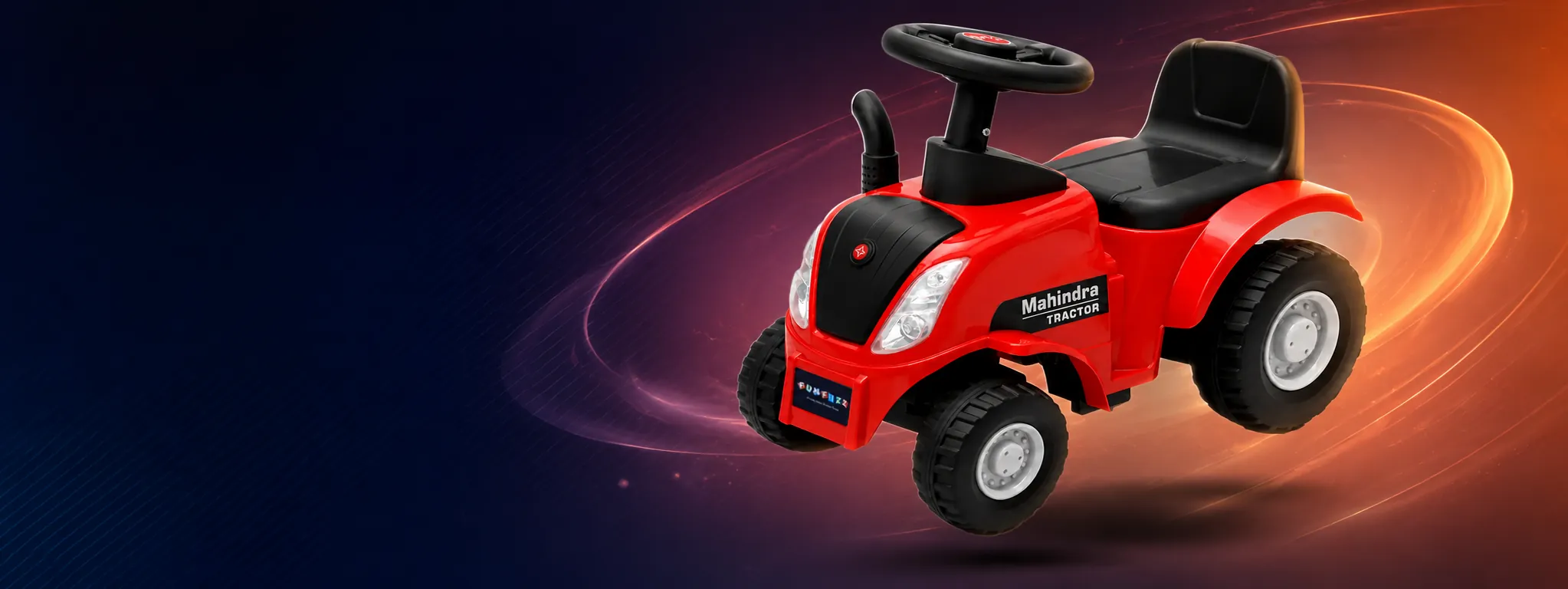 Red Funfizz Mahindra tractor ride-on with black chunky wheels