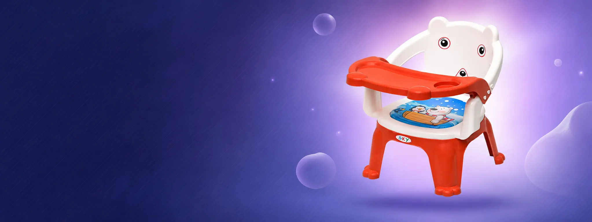 Red and white Funfizz kids chair with a bear back-rest and a removable feeding tray