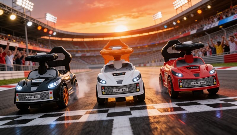 Black, orange and red Funfizz ride-on cars lined up on a racetrack start line at sunset