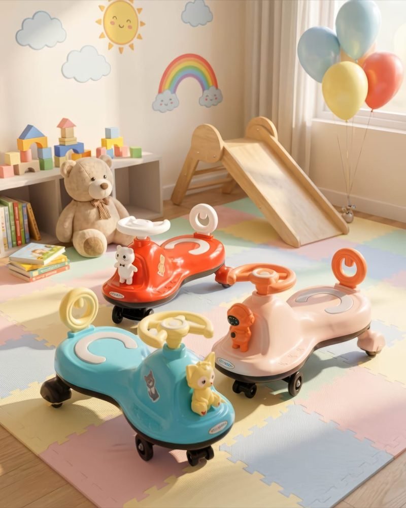 Funfizz swing cars on a pastel play mat in a nursery with a wooden slide, balloons and a rainbow wall