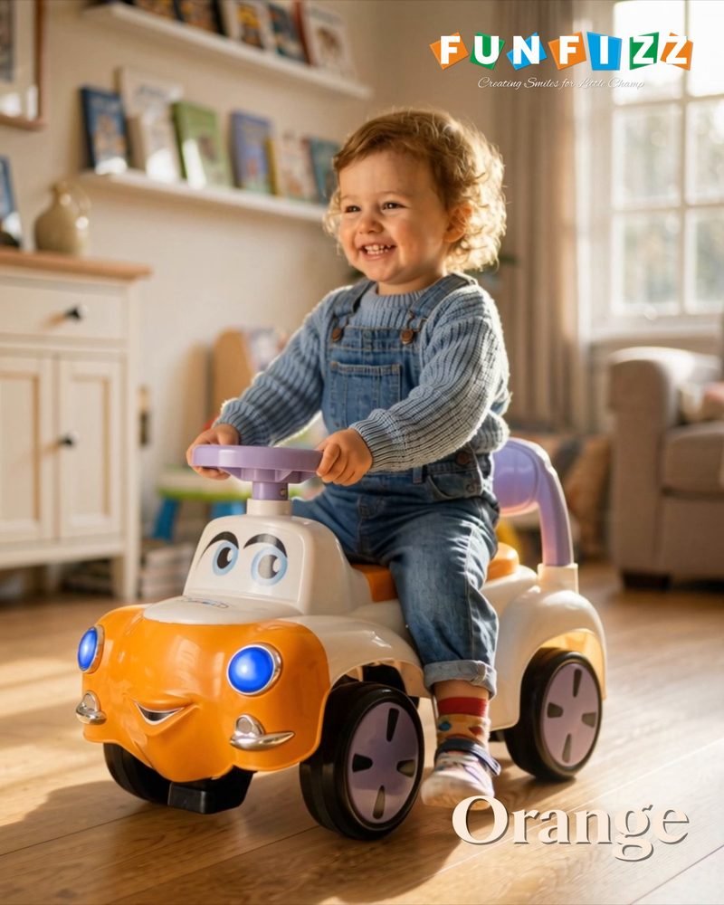 A toddler in dungarees riding an orange and white Funfizz ride-on car across a living room floor