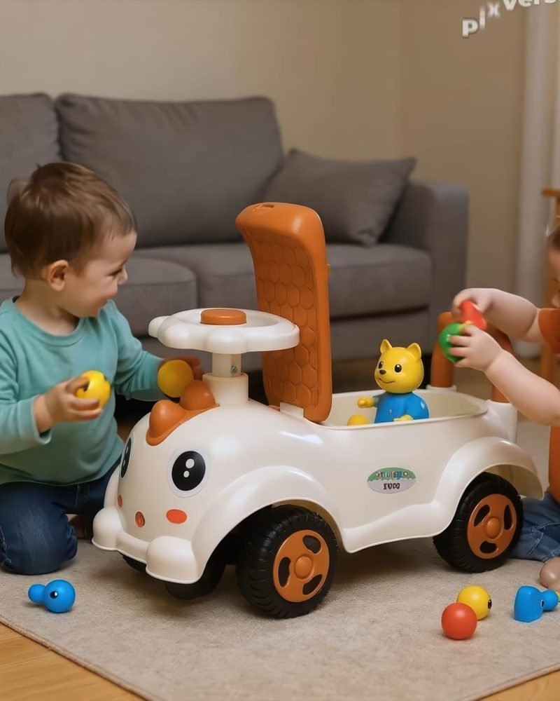 Two young children playing with a white Funfizz ride-on car with an orange backrest on a living room rug