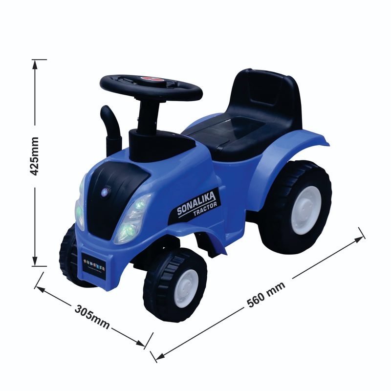 A blue Funfizz tractor ride-on, shown with its dimensions: 560 mm long, 305 mm wide and 425 mm high