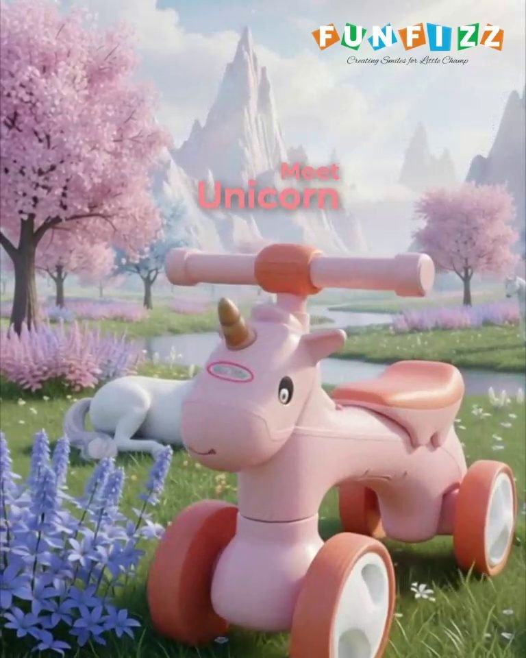 A pink Funfizz unicorn balance bike standing in a meadow of blossom trees and wildflowers