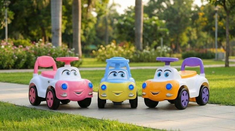 Pink, blue and orange Funfizz cartoon-face ride-on cars parked on a path in a green park