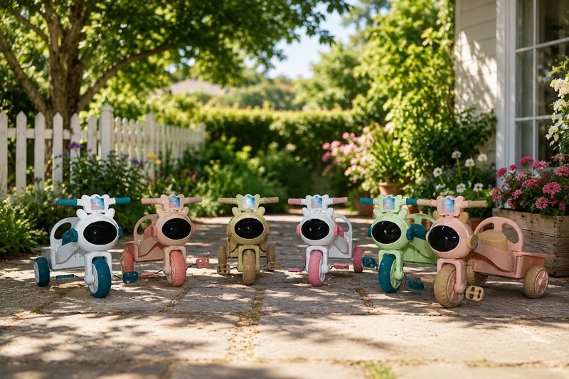 Six Funfizz ride-ons and balance bikes lined up on a garden path beside a white picket fence
