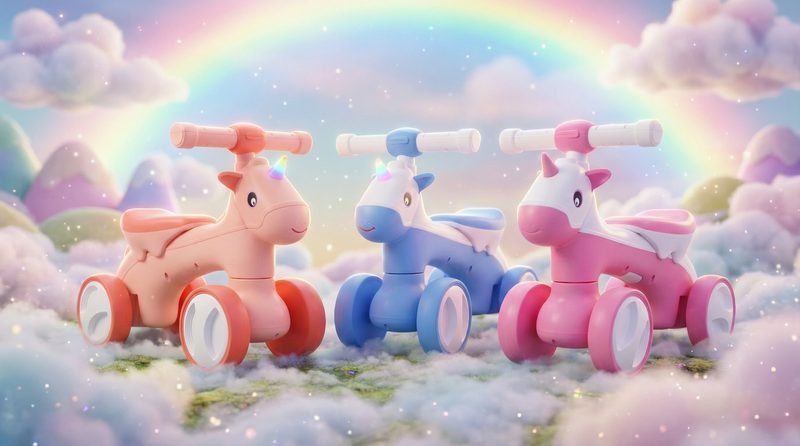 Three Funfizz unicorn balance bikes in coral, blue and pink, standing on clouds beneath a rainbow