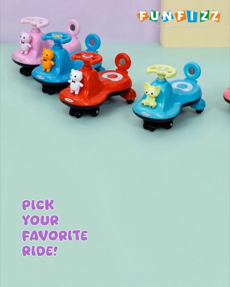A row of Funfizz swing cars in pink, orange, white, red and blue on a mint green background