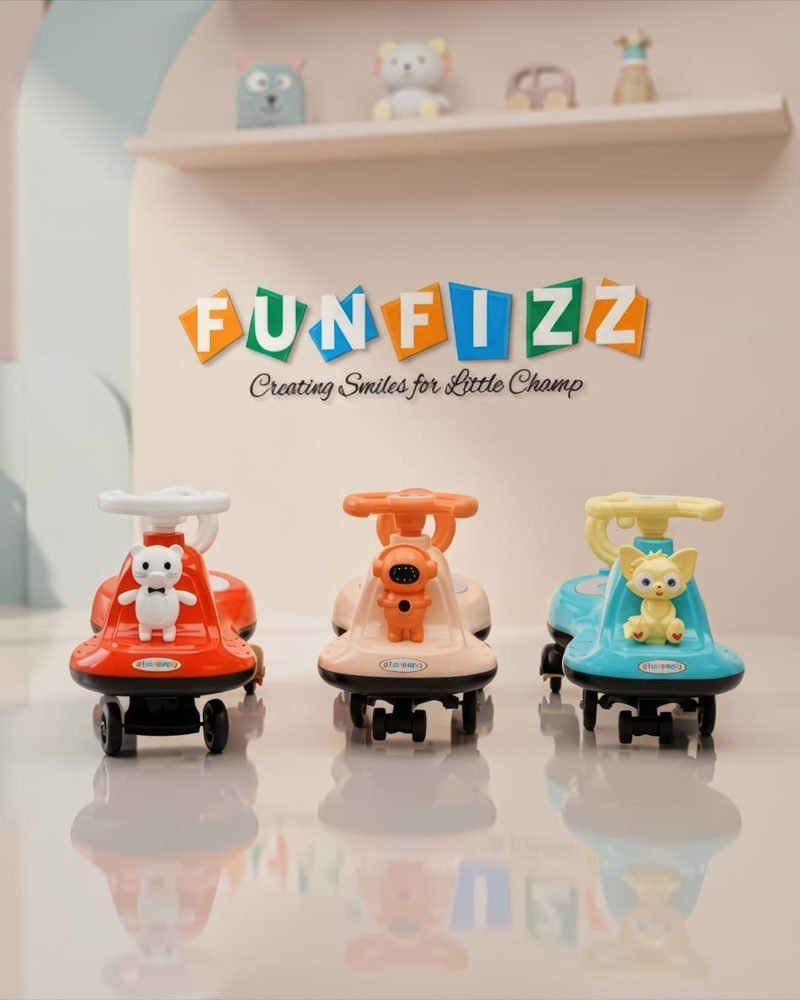 Three Funfizz swing cars with animal figures, displayed in front of a wall carrying the Funfizz logo