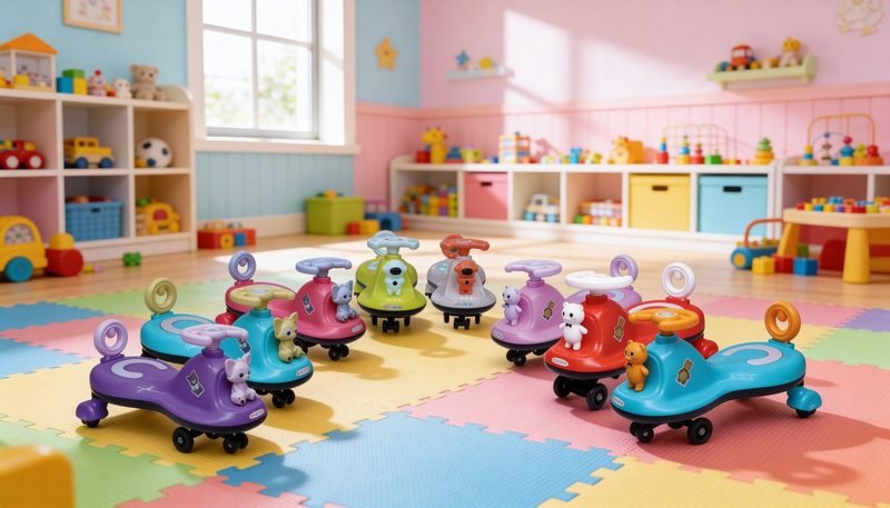 Funfizz swing cars in many colours laid out across the play mats of a bright, toy-filled playroom