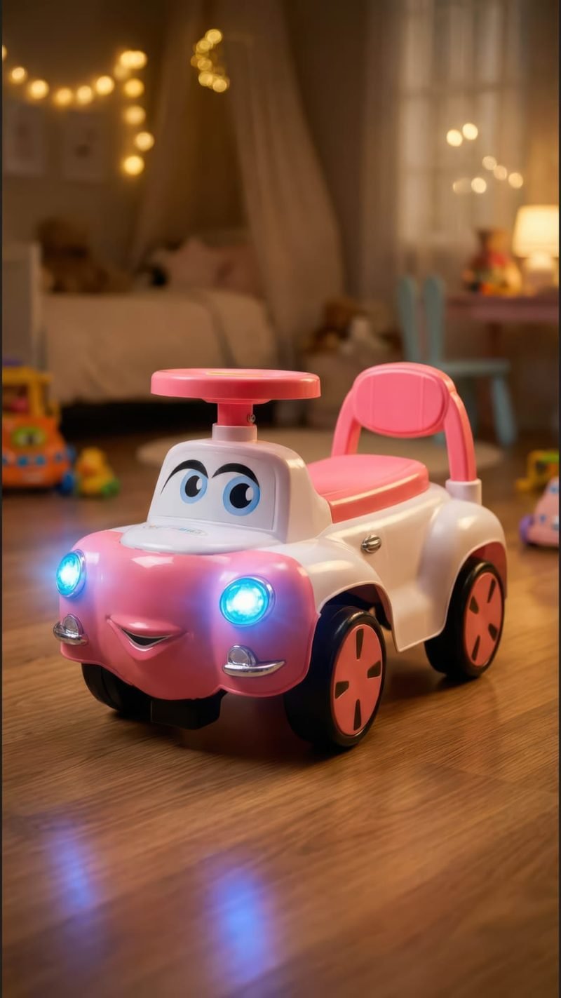 A pink and cream Funfizz ride-on car with glowing headlights and a high backrest, in a fairy-lit nursery