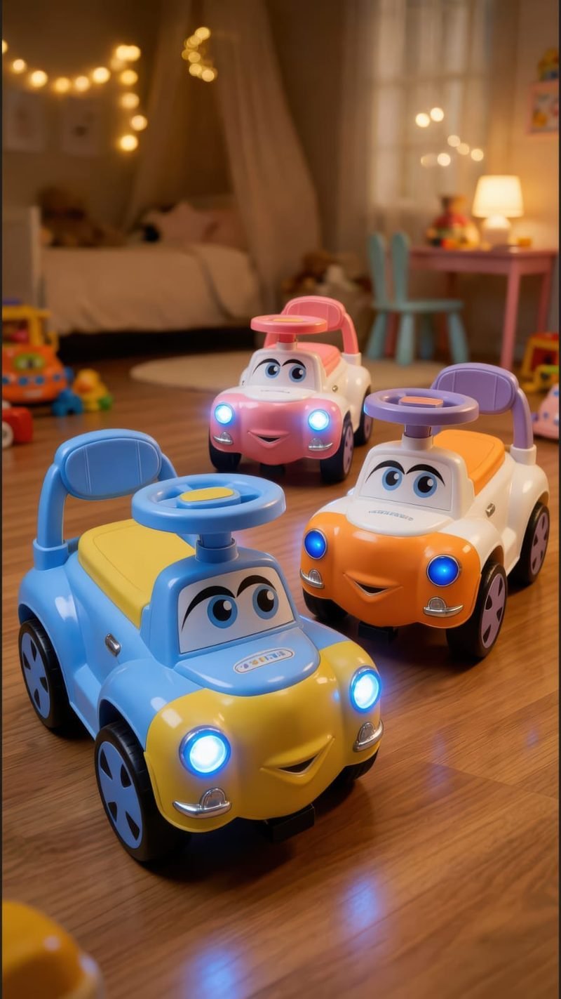 Blue, orange and cream Funfizz ride-on cars with glowing headlights in a nursery strung with fairy lights