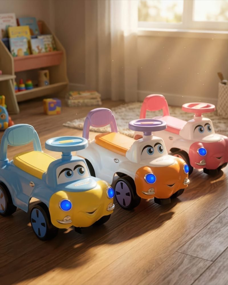 A row of Funfizz cartoon-face ride-on cars in blue, orange, purple and pink on a wooden floor