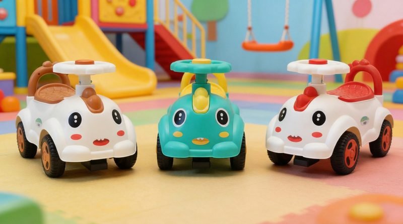Three Funfizz ride-on cars with cartoon faces parked in a colourful playground beside a slide and swings