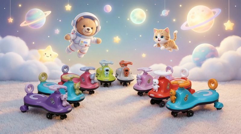 Funfizz swing cars arranged on a soft rug in a space-themed nursery with planets and an astronaut teddy on the wall