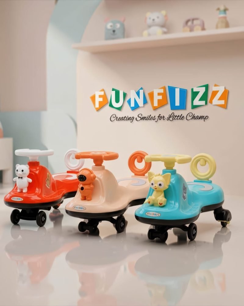 Red, cream and teal Funfizz swing cars with animal figures, in front of a wall carrying the Funfizz logo