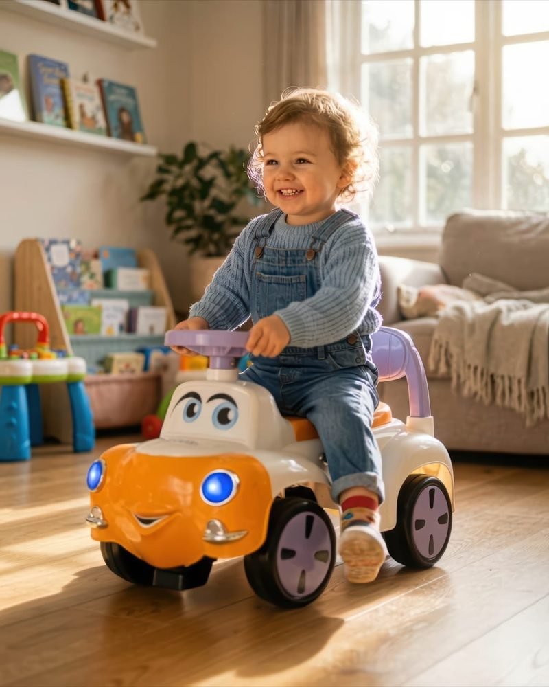 A toddler in dungarees riding an orange Funfizz cartoon-face ride-on car through a sunlit playroom