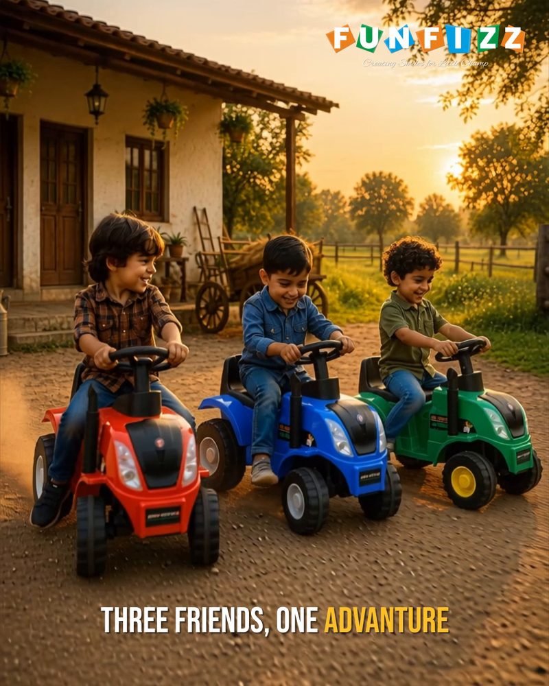 Three children riding red, blue and green Funfizz tractor ride-ons along a farm track at sunset