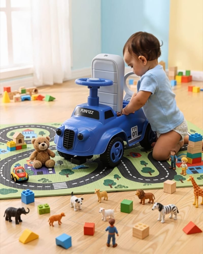 A toddler pushing a blue Funfizz vintage-style ride-on car across a road-print play mat