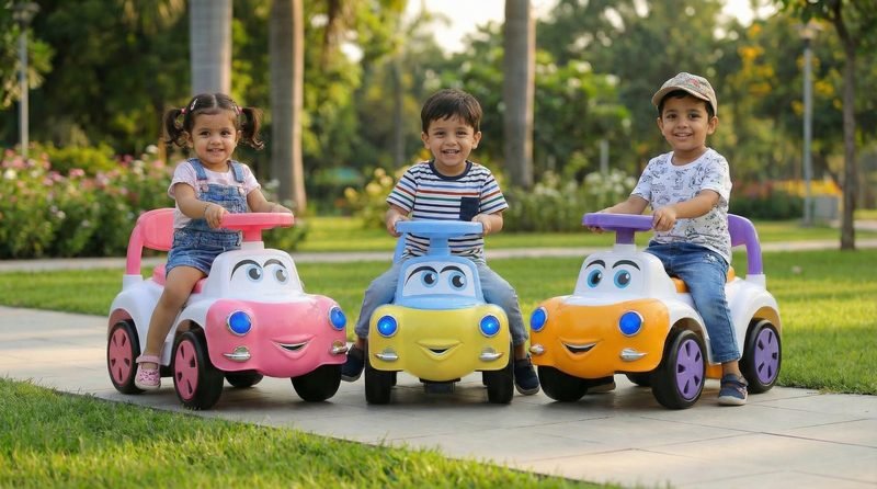 Three children riding pink, blue and orange Funfizz cartoon-face ride-on cars along a park path