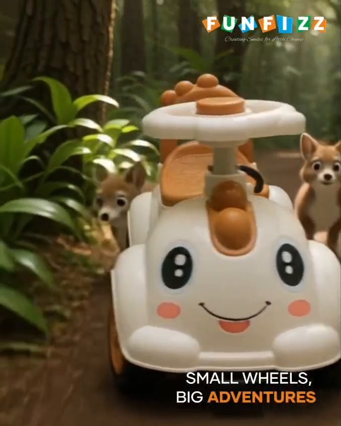 A white Funfizz ride-on car with a smiling cartoon face and a sun canopy, parked on a forest floor as deer look on