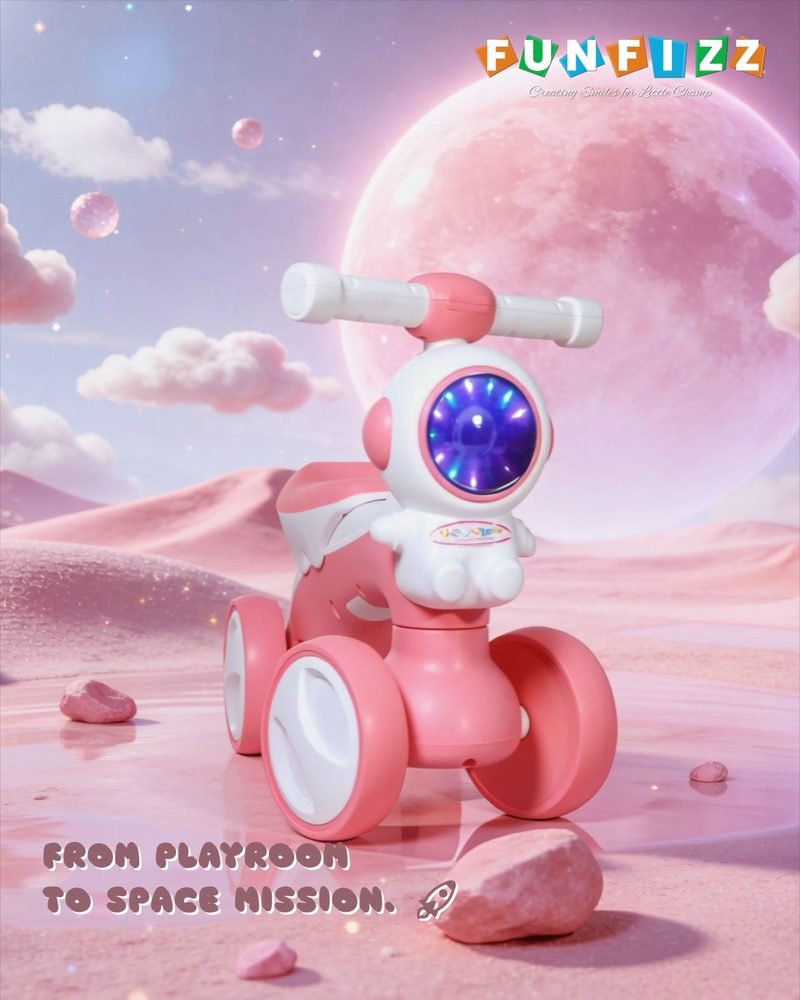 A pink Funfizz robot balance bike on a pink moonscape beneath a large moon
