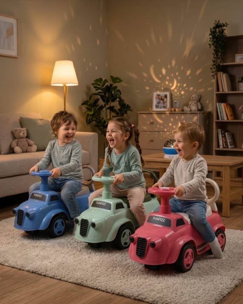 Three children riding blue, green and red Funfizz ride-on cars across the rug of a warmly lit living room