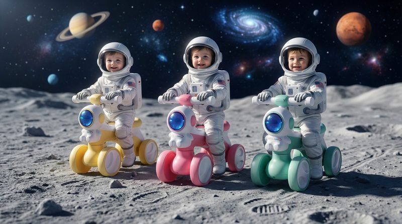 Three toddlers in astronaut suits riding pastel Funfizz balance bikes across the surface of the moon