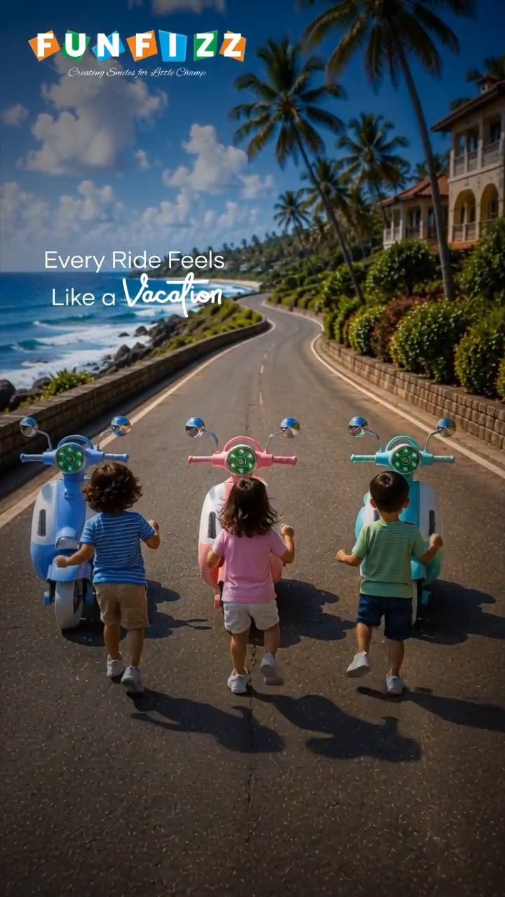 Three children riding Funfizz balance bikes along a palm-lined coastal road